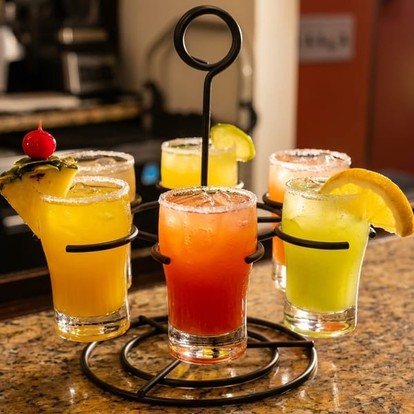Colorful margarita flight with various fruit garnishes on a bar counter.