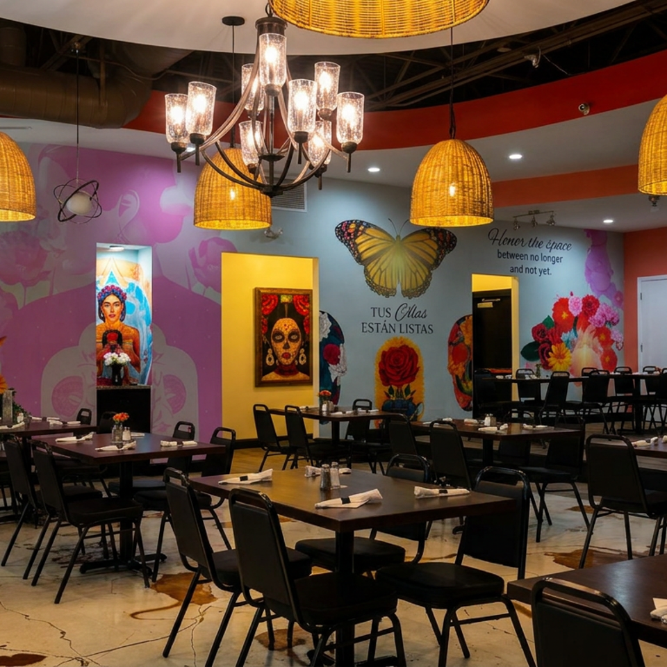 Vibrant, colorful dining room with murals, dark tables, and chairs, illuminated by wicker pendant lights.