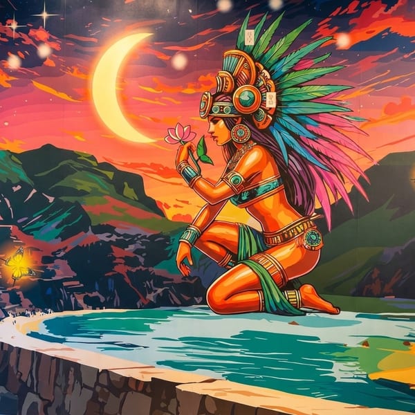 Colorful mural of an Aztec woman in a feathered headdress holding a flower by a moonlit ocean.