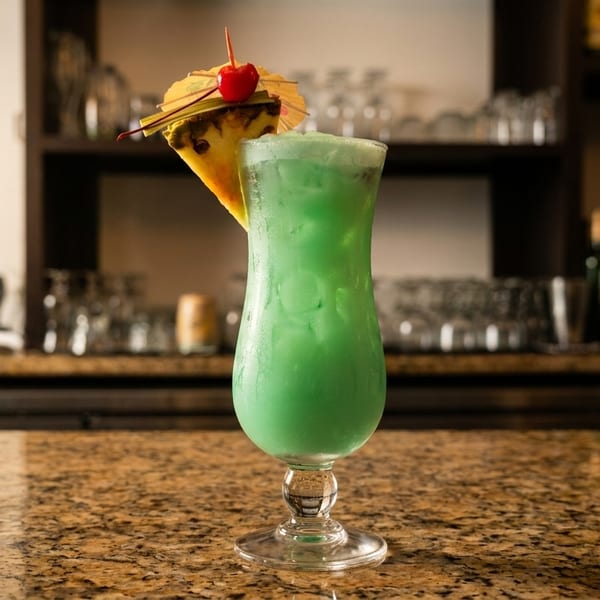 Green cocktail with pineapple slice, cherry, and umbrella on a granite bar top.