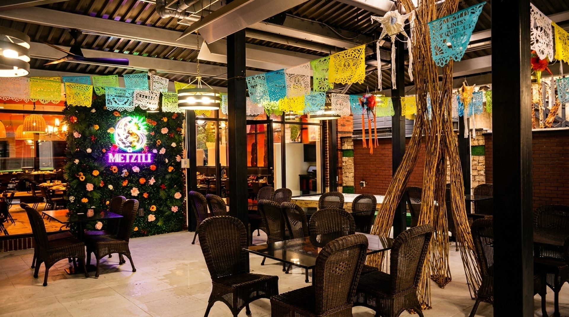Murals, papel picado, and a covered patio