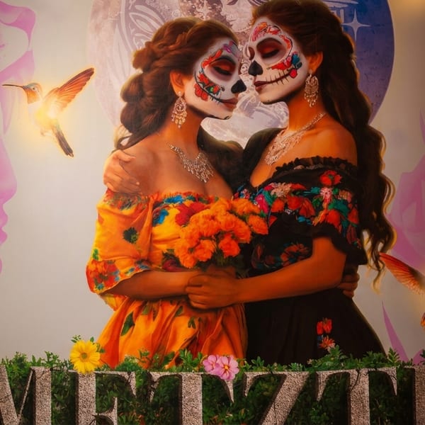 Two women with Day of the Dead makeup embrace, surrounded by hummingbirds and flowers.