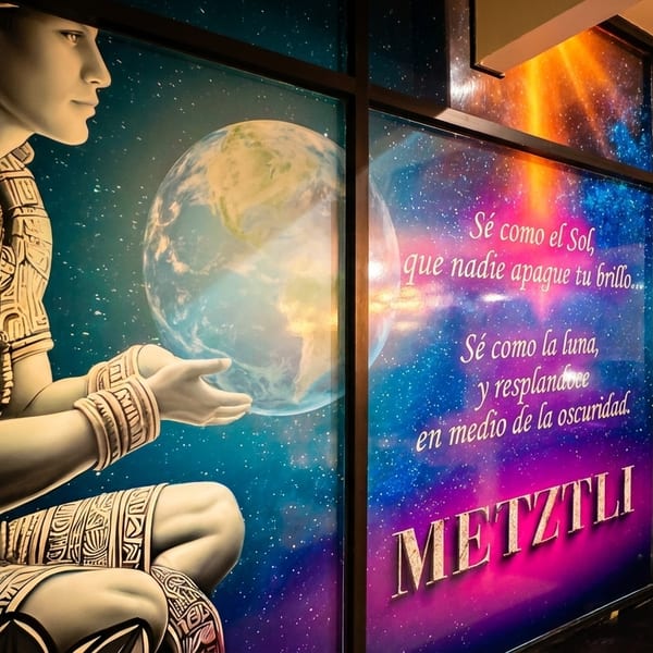 A vibrant window mural features an Aztec figure holding a glowing Earth, with cosmic background and Spanish text.